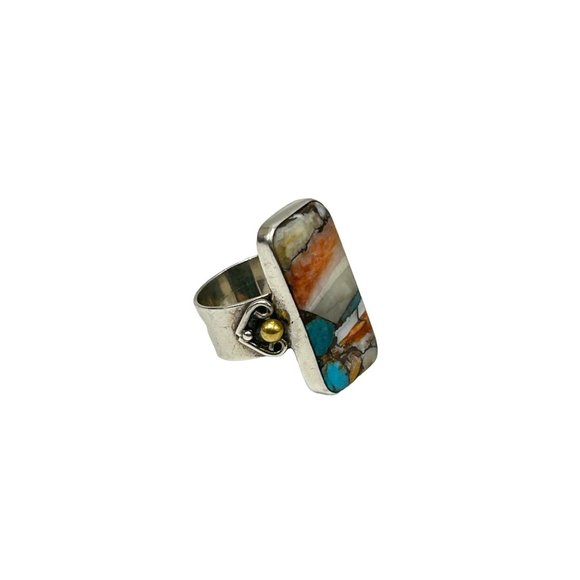 Colorful Natural Spiny Oyster Turquoise Gemstone Ring Size 6.75 Sterling Silver - Picture 1 of 8